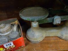 Vintage set of scales and weights in an 'Oxo Cube' box