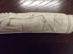 Large ivory elephant tusk with carved crocodile an