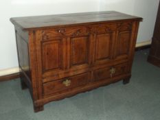 18th century oak Lancashire Mule chest, hinged thr