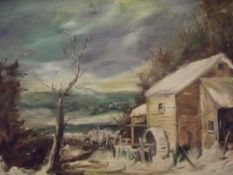 Oil on board - Watermill scene, signed lower right