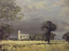 Oil on board - Landscape with church, signed lower