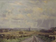 Oil on board - Landscape with windmill, signed low