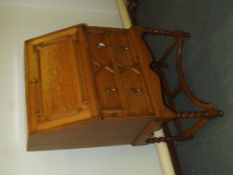 Golden oak writing bureau with geometric pattern,