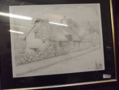 Signed pencil sketch cottage scene