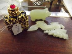 Perfume Bottle together with a Jade Pig and one ot