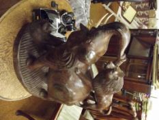 African Early Carved Elephant with Lion and Monkey