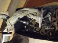 Box of brass and metal item and a figure