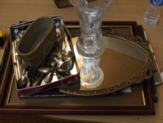 Mirrors, prints, flatware and a vase