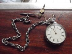 Silver cased pocket watch with silver chain and t-