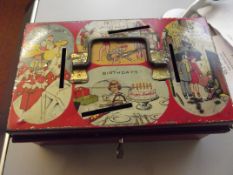 Early tin plate money box with key