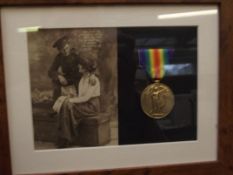 Framed WWI medal and phone (medal original)