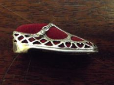 Silver stamped pin cushion, shoe