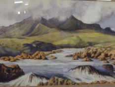Watercolour mountain and river scene, signed H Swe