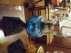 Oil lamp with kingfisher blue glass reservoir and
