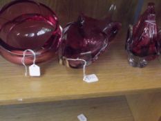 3 pieces of cranberry glass