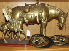 Two heavy brass horse figures together with two ho