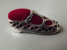 Silver stamped pin cushion, shoe