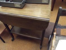 Oak drop leaf side table on wheels