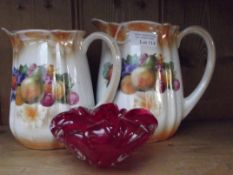 Two water jugs and a whitefriars style ashtray