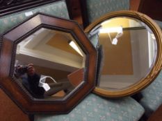 Edwardian oak framed octagonal mirror together wit