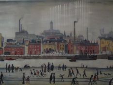 Northern river scene L S Lowry print, gilt framed.
