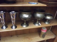 Pair of brass jardinieres, pair of chrome vases an