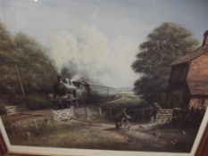 Large framed print depicting a steam train