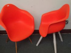 Eames Orange plastic bucket chairs x 2 (1 slightly