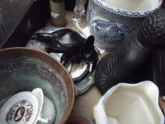 Mixed box of ceramics to include a carved elephant