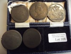 Two silver Victorian Crowns together with three ca