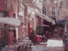 Very large framed print Mediterranean cafe scene.