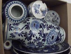Box of blue and white ceramics