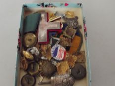 Box of badges, medals and buttons