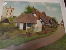 Oil on board cottage scene signed R.C Whitaker