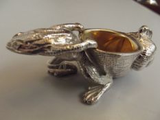 Frog pulling a snail pin cushion,white metal