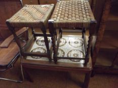 Tile topped table together with two oak stools