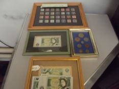 Various framed stamps and money and £1 notes