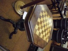 Victorian work table, the hinged chess board lid r