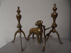 Brass hound together with pair of brass rests