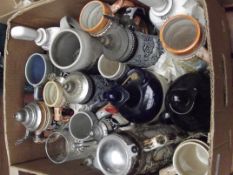 Large box of steins, decanters and others
