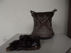 Victorian copper vessel together with treen ashtra