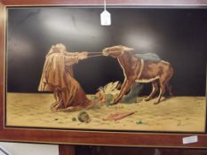 Marquetry wooden inlay monk pulling donkey