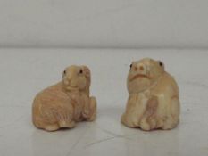 2 bone ojime netsuke, 1 pig and 1 goat