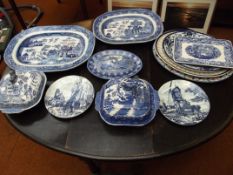 Collection of blue and white, tureens, meat plates