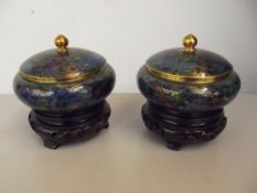 Pair of cloisonne lidded bowls on stands