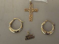 Yellow metal cross earrings and best friend pendan
