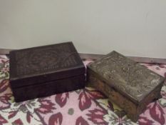 Brass trinket box together with a carved treen box