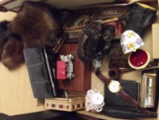 Box of small collectables to include opera glasses