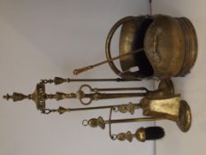 Two brass fire companion with coal bucket