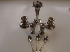 Silver bud vase, pair of silver dwarf candle stick